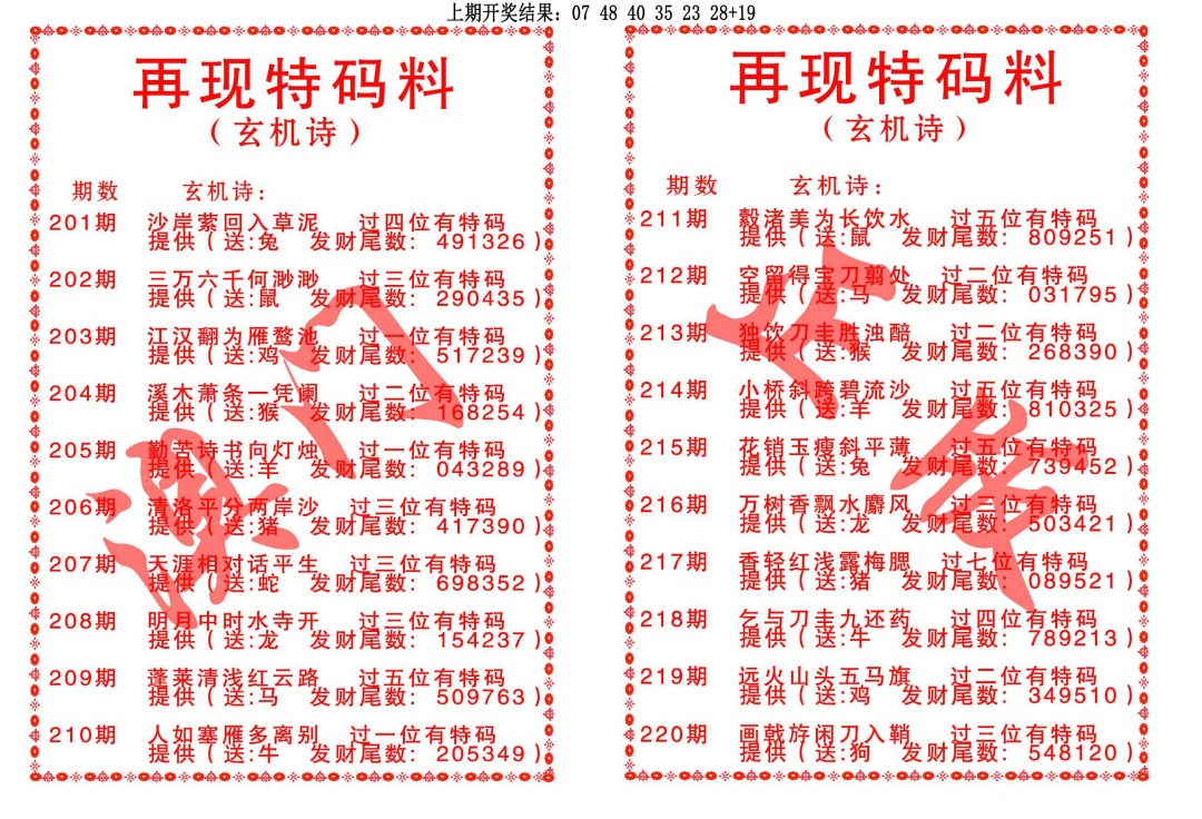 再现特码料